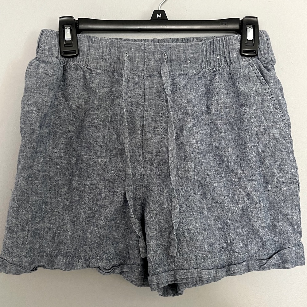 Uniqlo baggy blue linen cotton shorts with waistband & drawstring pockets small